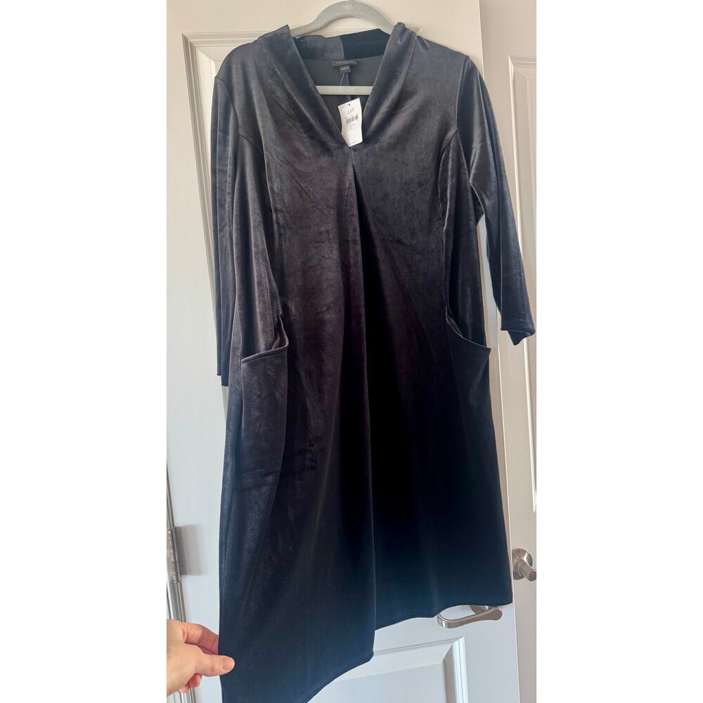 J.Jill Wearever Velour Shift Dress Soft Tunic Pockets Black Sleeves Modest Large